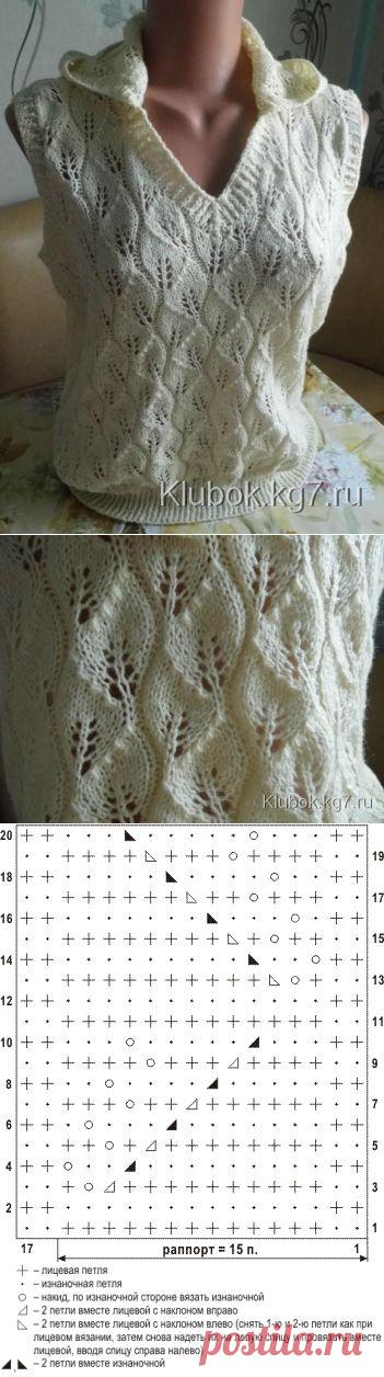 Жилет с капюшоном. Узор Листики Автор работы Татьяна Кузнецова | Клубок