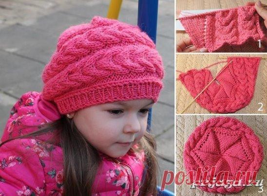Берет клиньями для девочки от Катерины Мушин
Описание + схема + видео: http://prjaga.ru/vyazanie-dlya-detej/shapka-sharfik-beret/vyazanyj-beret-klinyami-video