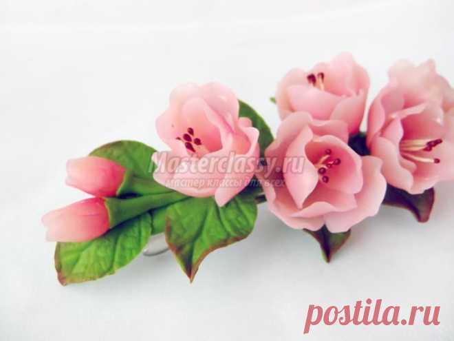 Заколка из полимерной глины. Веточка розовых цветов. Мастер-класс с пошаговыми фото