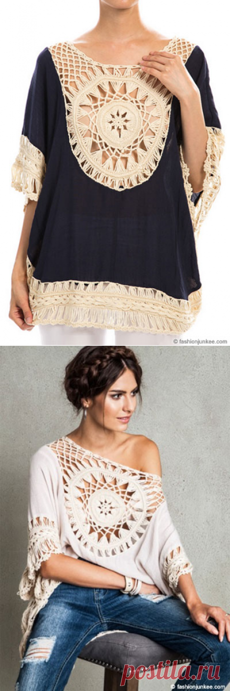 Boho 3/4 Sleeve Circle Crochet Tunic Top-Navy Blue
