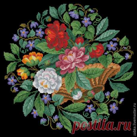 Купить Цветочная корзинка с фиалками (схема вышивки) - комбинированный, схема вышивки, схема для вышивки