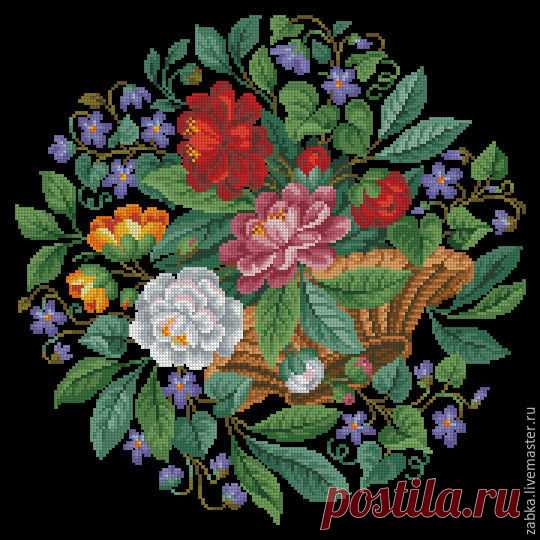 Купить Цветочная корзинка с фиалками (схема вышивки) - комбинированный, схема вышивки, схема для вышивки