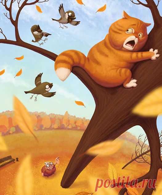 Сонный двор перед двухэтажным домом на 8 квартир. Живописное место с палисадом и высоченными соснами прямо на детской площадке. Утро выходного дня, тишина, безлюдье, только слышен щебет птиц. 
Из подъезда вышла, покачиваясь, бабка с пакетом объедков, позвала кошек.
На 