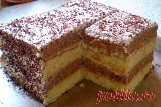 СМЕТАННИК 
ИНГРЕДИЕНТЫ: 
● 2 яйца,
● 1ст.сметаны,
● 1ст.сахара,
● 1п.разрыхлителя, 
● 1,5ст.муки.(светлое тесто), тёмное тесто состав тот же только добавить какао.
Крем: 
● 1,5ст.сметаны,
● 1ст.сахара.
ПРИГОТОВЛЕНИЕ: 
Смешать все ингредиенты, Печь 180С минут 20. Сверху и бока обсыпать шоколадом.