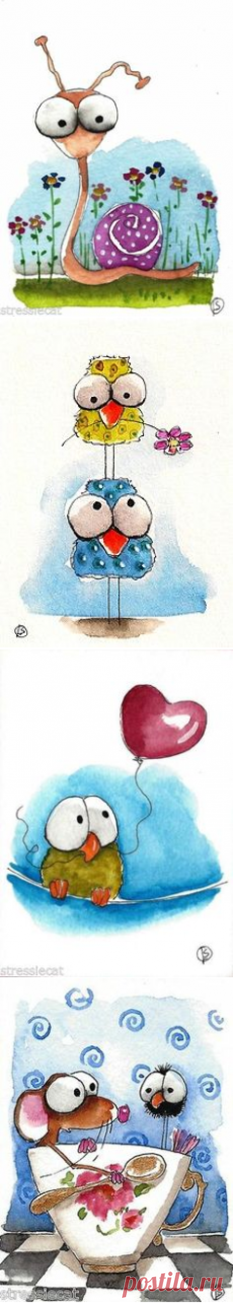 (169) ACEO Original painting folk art Lucia Stewart whimsical spring birds upside down