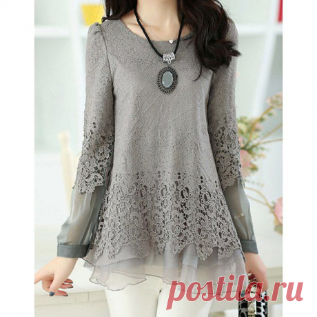 Wholesale Solid Color Long Sleeve Round Collar Skirt Hem Lace Embellished T-shirt For Women (GRAY,XL), Long Sleeves - Rosewholesale.com