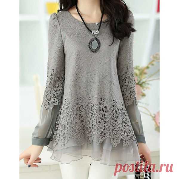 Wholesale Solid Color Long Sleeve Round Collar Skirt Hem Lace Embellished T-shirt For Women (GRAY,XL), Long Sleeves - Rosewholesale.com