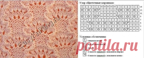 Узор «Цветочные корзинки»

У этого узора есть интересная особенность: его можно использовать и на лицевой и на изнаночной сторонах. Вы можете увидеть лицевую и изнаночную сторону узора и выбрать, что вам больше подходит.
Для того чтобы готовая вещь выглядела изящно, нужно вязать из тонких ниток (350м/100г) и тонкими спицами (не толще, чем №2).
Описание узора:
Количество петель кратно 18.
Нечетные ряды вяжутся как смотрят петли: над лицевыми петлями вяжут изнаночные, над из...