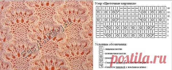 Узор «Цветочные корзинки»

У этого узора есть интересная особенность: его можно использовать и на лицевой и на изнаночной сторонах. Вы можете увидеть лицевую и изнаночную сторону узора и выбрать, что вам больше подходит.
Для того чтобы готовая вещь выглядела изящно, нужно вязать из тонких ниток (350м/100г) и тонкими спицами (не толще, чем №2).
Описание узора:
Количество петель кратно 18.
Нечетные ряды вяжутся как смотрят петли: над лицевыми петлями вяжут изнаночные, над из...