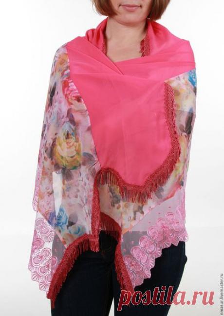 Купить Палантин &quot; Розовый пион&quot; - шарф, шарф женский, шарфик, легкий шарфик