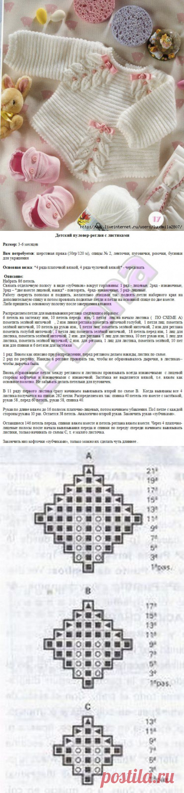 Детская нежная кофта с листиками по линии реглана