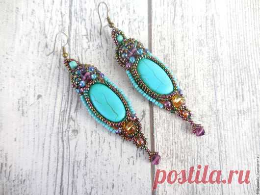 Купить Серьги с бирюзой и аметистами длинные - бирюзовый, купить серьги с бирюзой, серьги с бирюзой