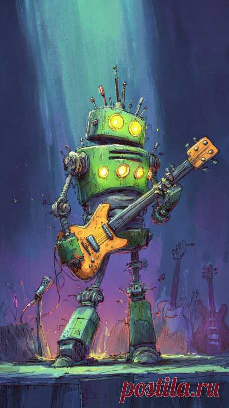 Робот-музыкант на сцене в неоновом свете: яркая иллюстрация в технике туши. Нейросеть Миджорни - Midjourney примеры промтов - Форум ИИ о нейросетях - Yes Ai