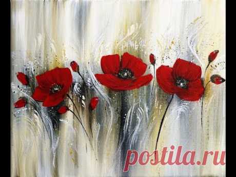 Easy Acrylic  Painting/Red Flowers/Flat brush,Fan brush,Palette Knife/Einfach Malen/Rote Blumen/V321