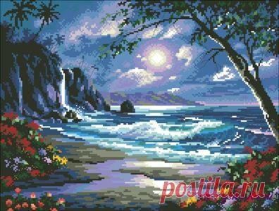 Чудесный морской ночной пейзаж в тропиках. Схема вышивания » Бесплатные схемы вышивки крестом