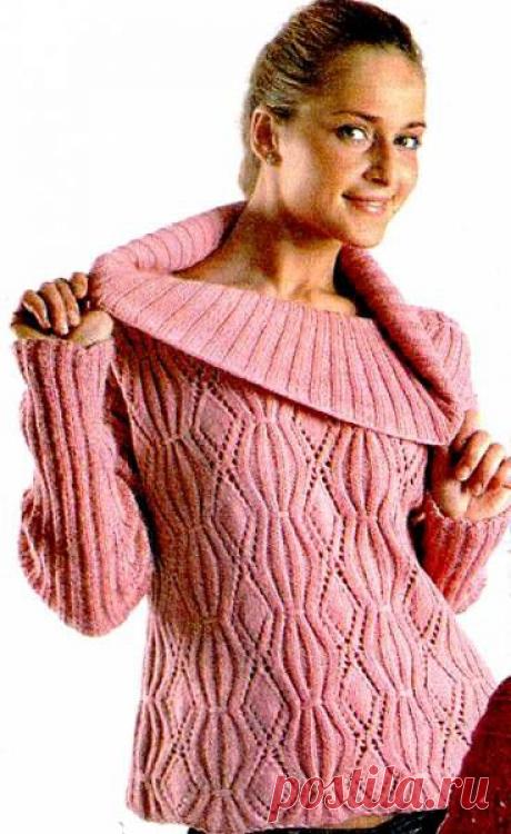 Розовый пуловер с широким воротником связанный спицами - 25 Июня 2010 - Вязание спицами, модели и схемы для вязания на спицах