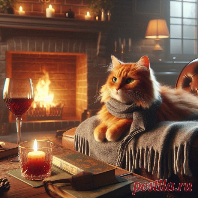 Уютный вечер: кошка, вино и тепло домашнего очага в цифровом искусстве. Картинка из нейронной сети Dalle-3 - Dalle примеры промтов - Форум ИИ о нейросетях - Yes Ai
