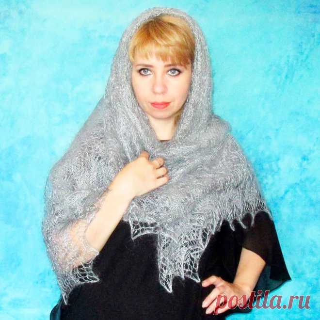 Платок Пуховый платок ручной работы светло серый,