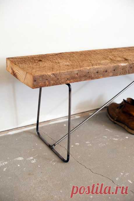 Bench 4' long- Reclaimed Wood and Solid Steel - Salvaged Pine