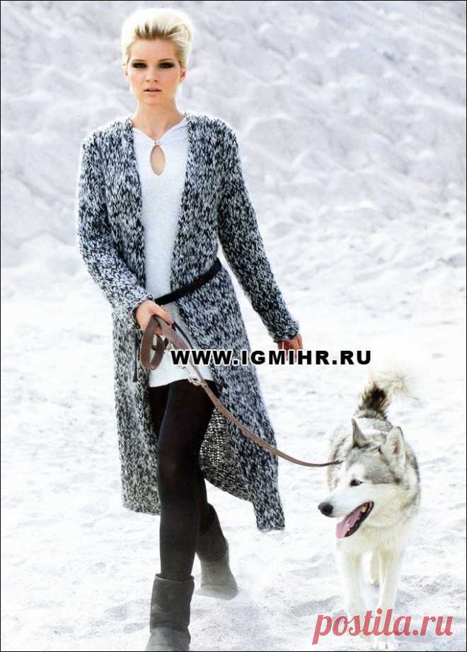 Тепло, мягко, уютно! Черно-белое меланжевое пальто. Спицы