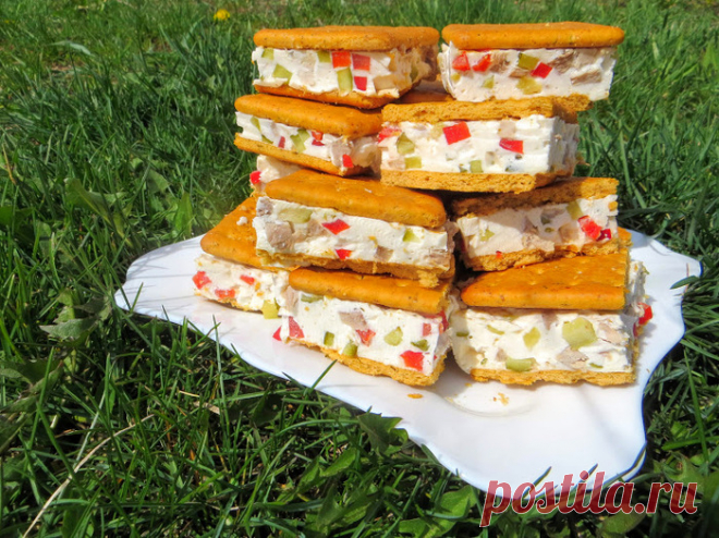 Закусочные сэндвичи Интересная, вкусная и простая в приготовление закуска. Давно хотелось попробовать этот рецепт. Крекеры берите свои любимые. крекеры соленые 24 шт (1 пачка) сметана 400 гр болгарский перец 1\2 шт маринованные огурцы 2 шт мясо (колбаса) 70 гр желатин 30 гр соль, сахар, черный перец по...