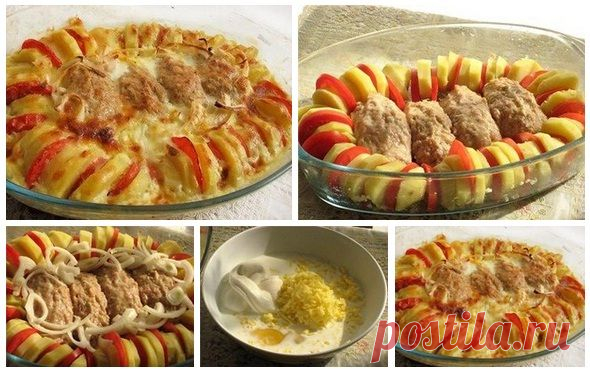Лучшие кулинарные рецепты: Запеченные куриные котлетки с гарниром "Полосатый рейс"