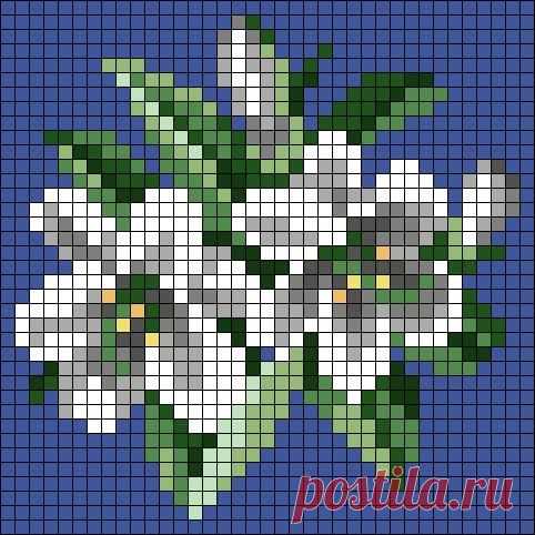 a cross stitch pattern with white flowers on a blue background, in shades of gray and green