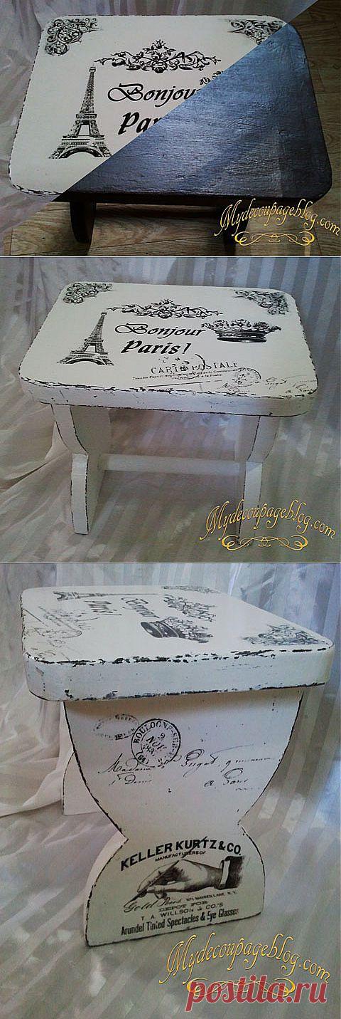 Перенос изображения с помощью акрилового лака. - Изящный декупаж табурета от Елены Коломиной.