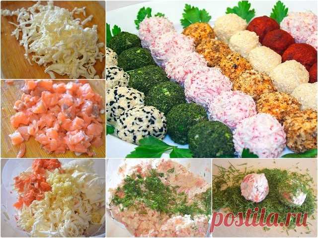 Крабовые шарики
Очень вкусная и красивая закуска.
Такую закуску можно приготовить как с крабовым мясом, так и с крабовыми палочками. Очень красиво смотрится ассорти, если обвалять такие шарики в укропе, яичном желтке и паприке.

Ингредиенты:
- 250 г крабового мяса (креветок или крабовых палочек),
- 250 г плавленых сырков,
- 100 г копченой или малосоленой красной рыбы,
- зелень укропа,
- несколько зубчиков чеснока,
- майонез.

Приготовление:
1. Натереть плавленый сыр на сре...