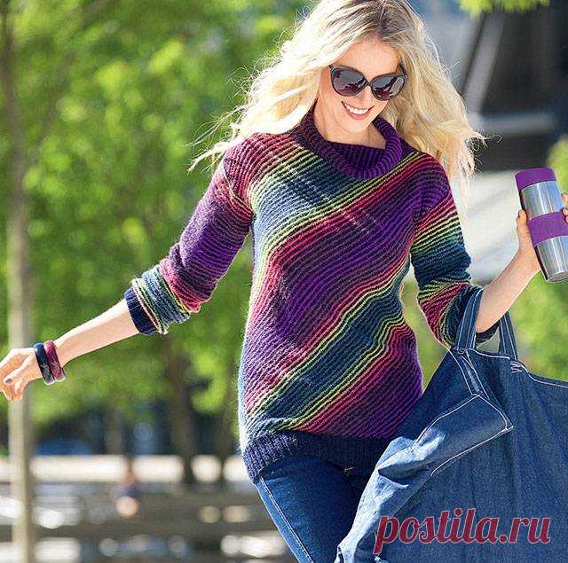 Джемпер диагональю от угла из пряжи секционного крашения спицами – 3 модели со схемами и описанием, видео