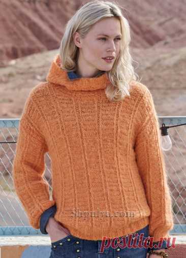Оранжевый пуловер с капюшоном — Shpulya.com - схемы с описанием для вязания спицами и крючком