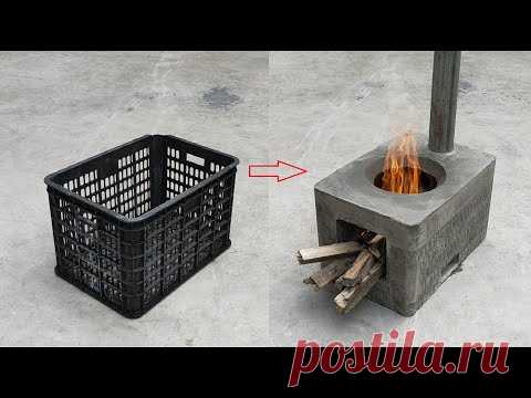 Замечательная идея сделать бездымные дровяные печи из цементных и пластиковых корзин.