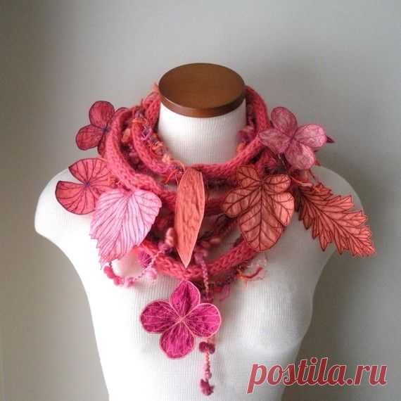 Long and Leafy Scarf with Embroidered Leaves- Bright Salmon with Orange, Thulian…