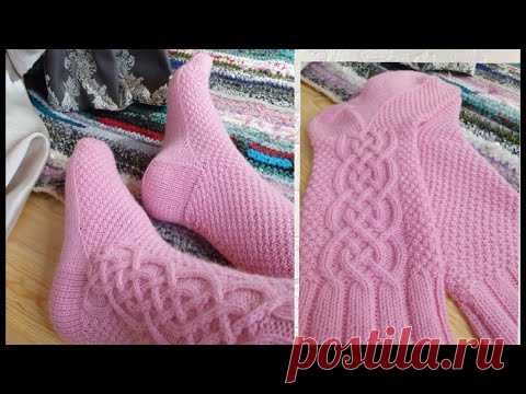 Женские носки спицами с прямой пяткой. Очень подробный МК. Ч 2. Вяжем Аран.