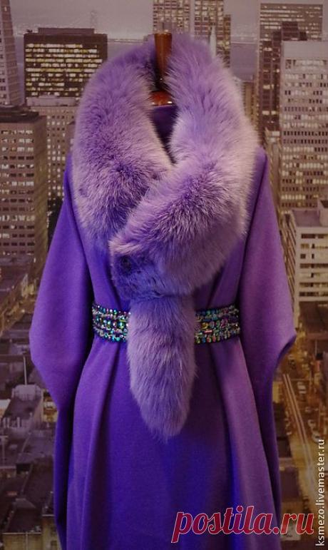 Пальто-пончо с меховым воротником. - сиреневый,однотонный,пальто зимнее