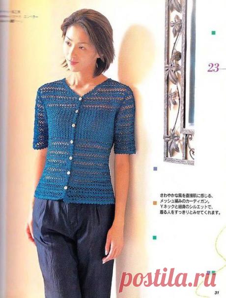 СИНИЙ ЛЕТНИЙ ЖАКЕТ С АЖУРНЫМ УЗОРОМ.