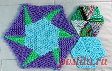 Вязаный квилт. (Шестиугольник-боковым способом) | Вязание для мужчин спицами. Схемы вязания Шестиугольник, связанный по методу лог-кэбина, может воплотиться в модуль мячика или вертушки.