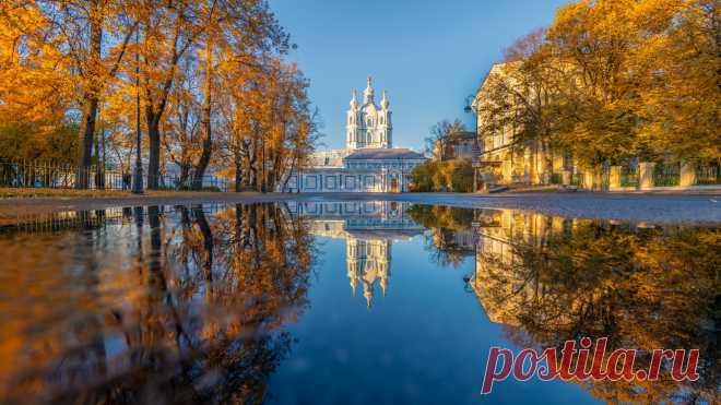 Скачать обои осень, деревья, отражение, лужа, Санкт-Петербург, храм, Россия, Смольный собор, раздел город в разрешении 1920x1080