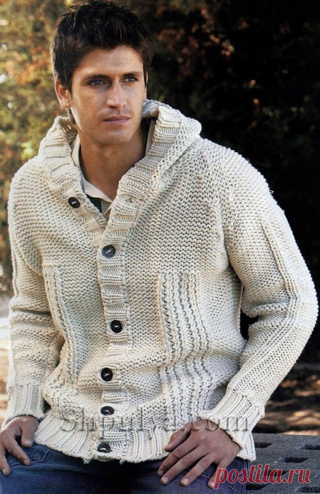 www.SHPULYA.com - Вязаный мужской жакет с капюшоном спицами