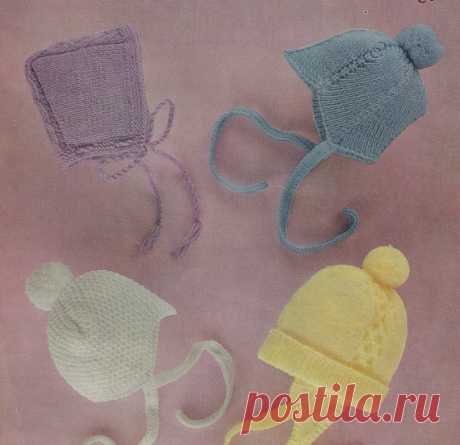vintage knitting pattern PDF download baby bonnets pompom hats chin strap dk 9months - 2 years This item is for a PDF file of the knitting pattern for these gorgeous vintage baby hats.    The pattern will be available for download upon receipt of payment, for you to print out or read from your computer.    The hats are knit in DK yarn, size given is from 9 months to 2 years.    Most of these hats require some crochet skills (the lilac one is knit only).
