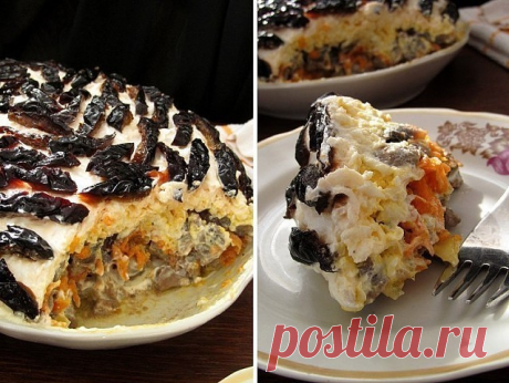 Слоеный салат с печенью, грибами и черносливом (без майонеза!) 

Изумительно вкусный салатик с куриной печенью!!! Вкус очень гармоничный, а сочетание печень+грибы+чернослив как нельзя удачное! Но основная "фишка" этого салата - это отсутствие в нем майонеза... вместо него я использовала заправку из сметаны и сыра феты))) 
Очень рекомендую попробовать!!! 

Ингредиенты: 
1. 400 гр. куриной печени 
2. 400 гр. шампиньонов 
3. 2 средние луковицы 
4. 2 средние моркови 
5. 4-5 яи...