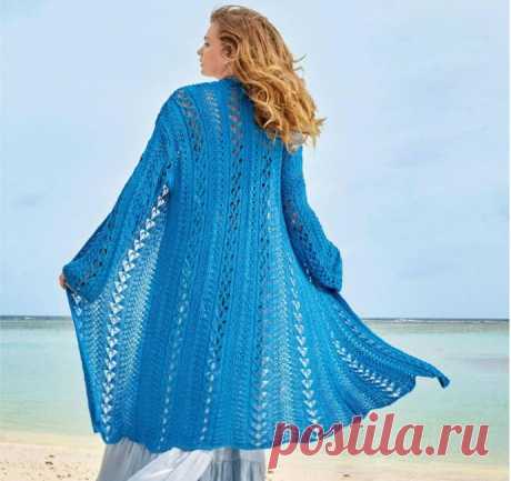 Длинный ажурный кардиган лазурного цвета