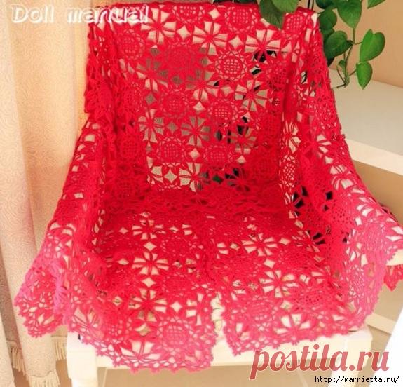 Красная цветочная шаль крючком. Схема