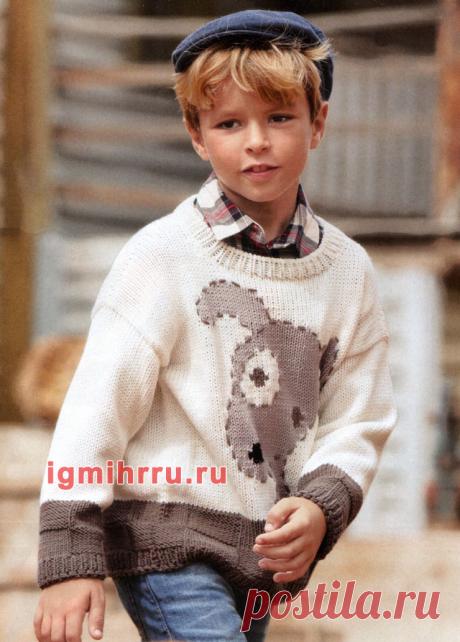 ДЛЯ МАЛЬЧИКА 2-9 ЛЕТ. 
ПУЛОВЕР С МОТИВОМ «МИЛЫЙ ЩЕНОК». 
Вязание спицами