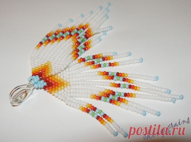 Купить Длинные серьги с бахромой "Огонёк", бисер - разноцветный, белый, желтый, красный, оранжевый, голубой