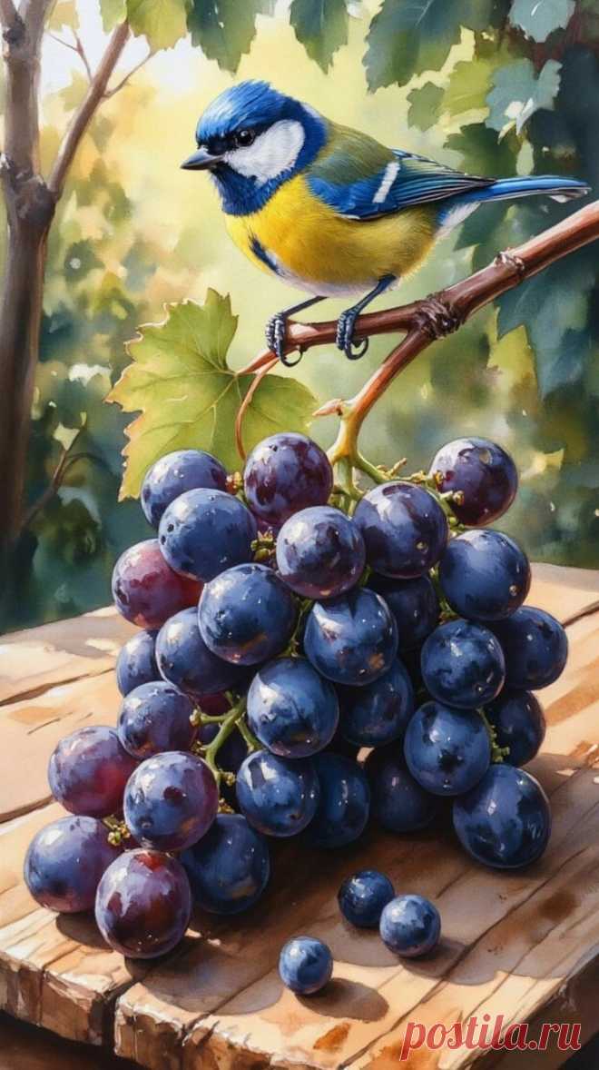 a painting of a blue bird sitting on top of grapes next to a wooden table
