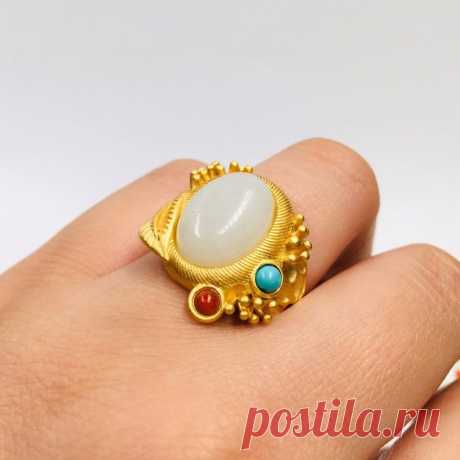 White Hotan Jade Inlay Ring-14K Gold Jade Ring for Women-Oval | Etsy