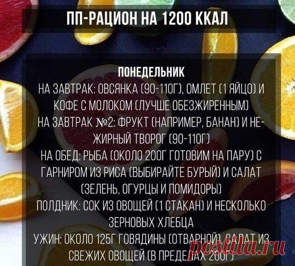 Пример правильного питания (ПП) на 1200 ккал для стройняшек