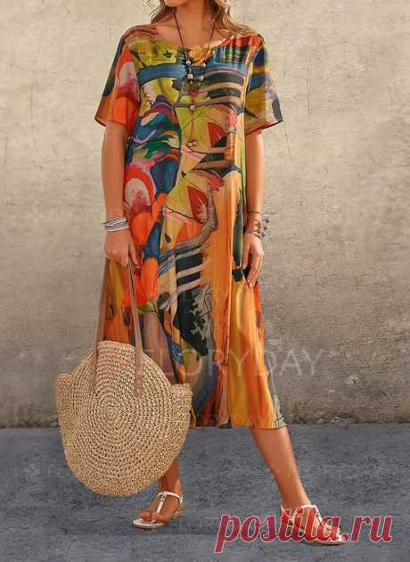 Casual Color Block Tunic Round Neckline Shift Dress - Floryday
