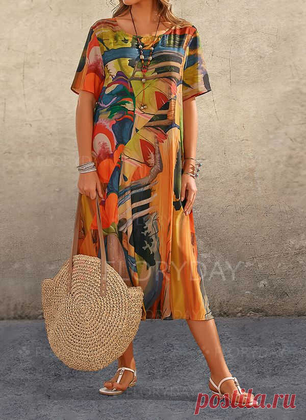 Casual Color Block Tunic Round Neckline Shift Dress - Floryday